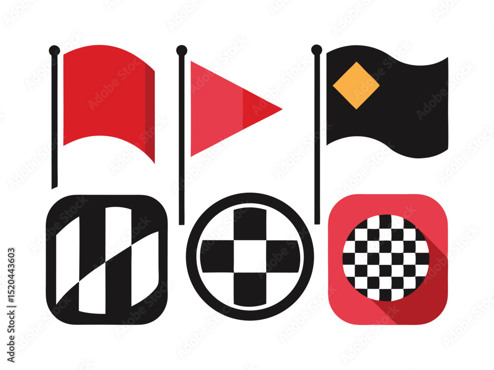 Poster collection of racing flags and racing symbols with minimalist design and vivid colors for diverse ap