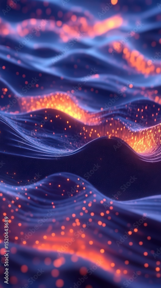 Poster abstract wave patterns illuminated with glowing specks, a textured visual