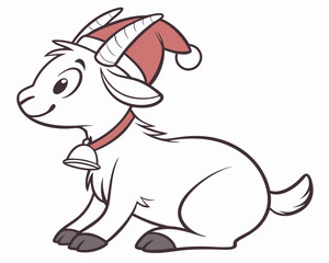 Fototapeta premium Cute cartoon goat wearing a christmas santa hat and bell collar on white background.