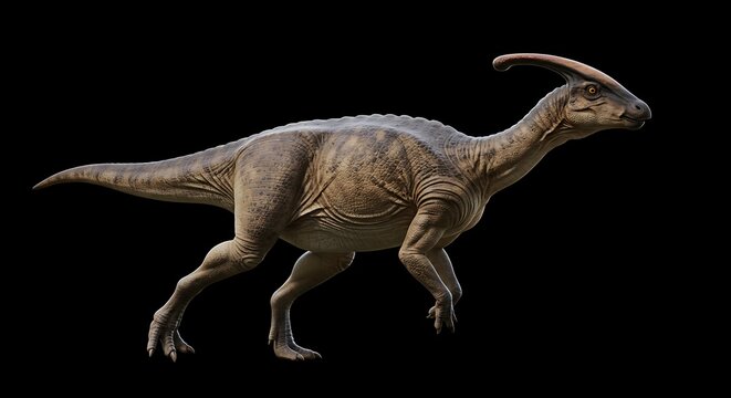 Majestic parasaurolophus dinosaur rendering on a black background