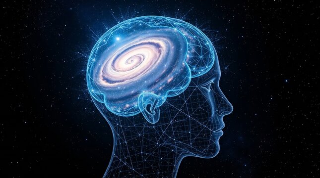 Abstract blue light illuminates a human brain within a head, conceptualizing intelligence and medical science.