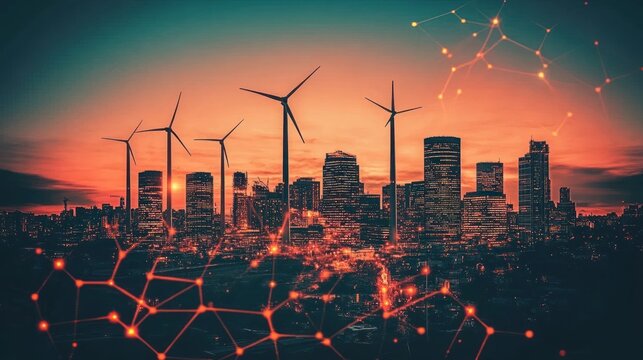 City skyline at sunset, wind turbines, network overlay