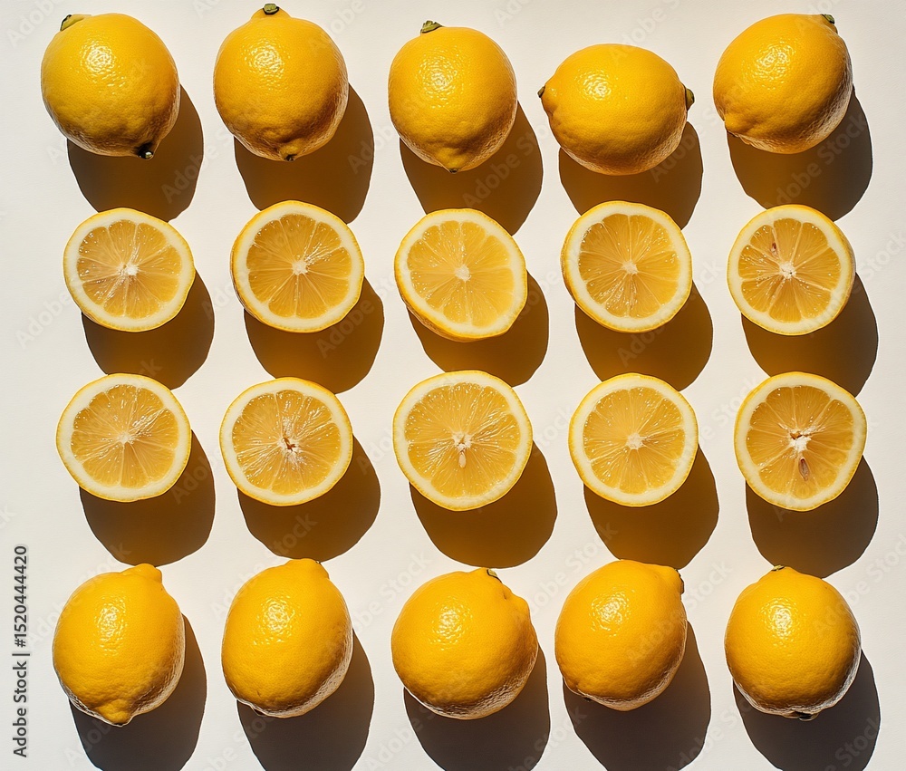 Poster flat lay of whole and halved lemons arranged in grid pattern on white background.