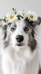 A border collie dog wearing a flower crown.