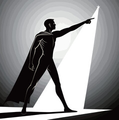 A heroic black-and-white illustration of a male superhero pointing towards the stars.