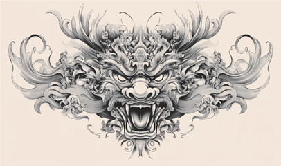 Intricate dragon illustration showcasing fierce expression and dynamic swirling patterns.