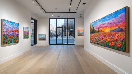 Gallery interior showcasing vibrant poppy paintings