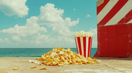 Popcorn and chips on a beach