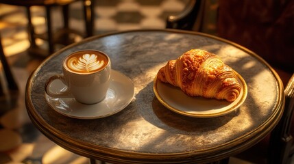 Latte and croissant on a table, sunlight