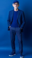 Full shot of a man in a navy blue suit and hat.