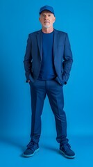 Man in a monochromatic blue suit and cap.