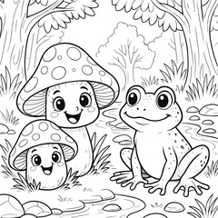 Smiling mushrooms and frog near forest stream, black and white coloring page for children&rsquo;s storybook