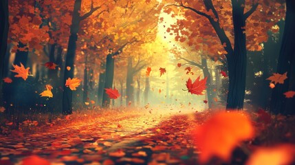 Autumnal forest path. Falling leaves. Warm colors