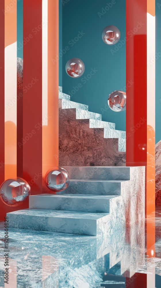 Poster architectural dreamscape with floating spheres and geometric staircase creation