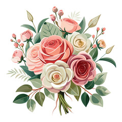 A beautifully arranged watercolor floral bouquet with various shades of pink and white roses, accented by green leaves and small pink buds.