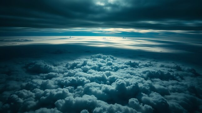 Aerial view of fluffy clouds reflecting the blue sky.