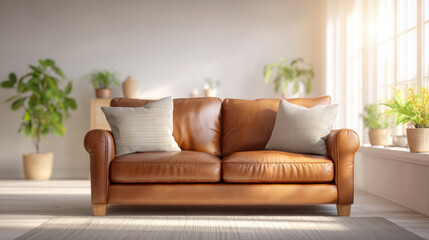 Brown leather sofa with two beige cushions in bright living room with sunlight and green plants