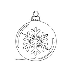 Fototapeta premium Vector one-line illustration of a Christmas ornament with a snowflake in continuous line style for Christmas and New Year decoration. Icon of Christmas ball decor png and svg
