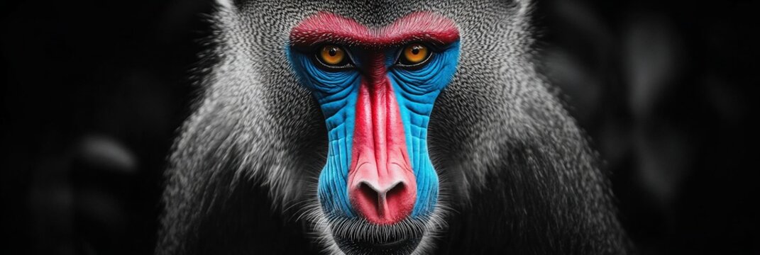 Close-up portrait of a mandrill monkey, showcasing its vibrant facial features against a dark background.