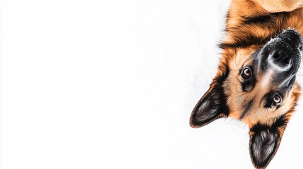 Playful German Shepherd dog lying on its back, looking up at the camera against a white background.