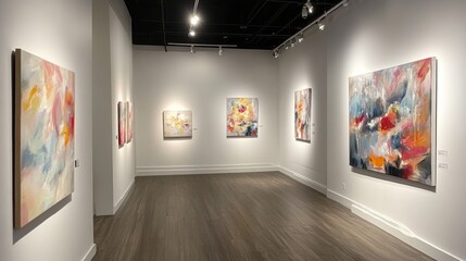 Gallery interior, abstract art displayed on walls