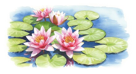池に浮かぶ睡蓮の水彩画イラスト