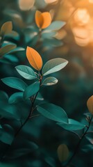 Obraz premium Autumnal Leaves Serenity: A Study in Teal, Gold, and Abstract Light