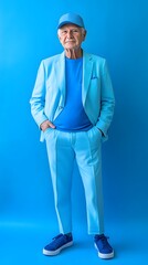Stylish senior man in a vibrant light blue suit and cap.