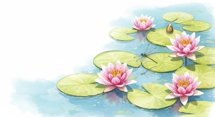 池に浮かぶ睡蓮の水彩画イラスト