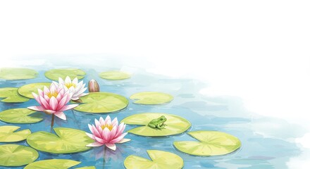 池に浮かぶ睡蓮の水彩画イラスト