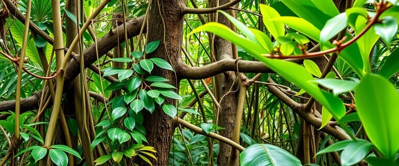 Thick, green lianas twisting around jungle trees, vibrant botanical detail, twining plant, climbing plant