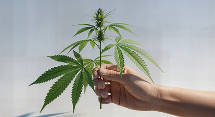Hand holds hemp plant with big green leaves. Cannabis whitebackground hard shadow light. Floral background minimalism