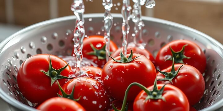Washing ripe red tomatoes in a colander under running water,  vegetable,   washing tomatoes