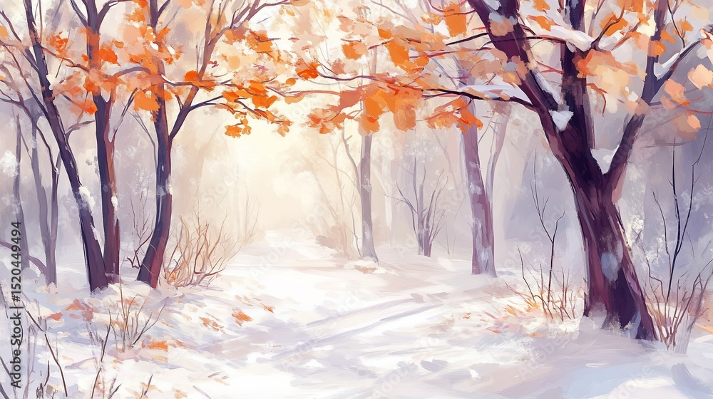 Poster snowy path through autumnal forest with sunlight filtering through trees.