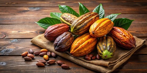 Mocha brown cacao fruit arrangement on a natural wooden table, nature, arrangement,  nature