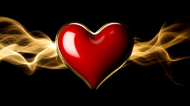 Prominent glossy red heart with golden border enveloped by ethereal golden smoke on a dramatic black background