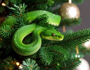 Fototapeta premium Green snake on Christmas tree
