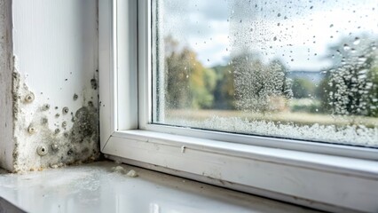 Mould growing on a windowsill with visible white powdery growth and black spots, surrounded by condensation droplets , mold