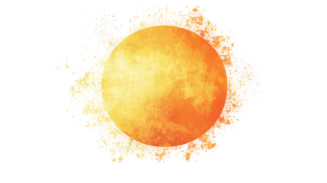  Bright orange and yellow sun with glowing rays isolated on white background