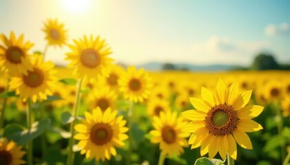 Fototapeta premium Pastel yellow, sunlit field of blossoming sunflowers , sunlit, bright