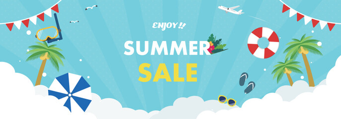 浮き輪やゴーグルで飾られたサマーセール広告バナー背景テンプレート（青）　Summer sale ad banner background template decorated with a float and goggles (blue) © arucom_