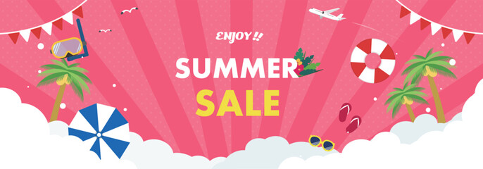 浮き輪やゴーグルで飾られたサマーセール広告バナー背景テンプレート（ピンク）　Summer sale ad banner background template decorated with a float and goggles (pink) © arucom_