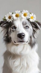 Close-up of a border collie dog wearing a flower crown.