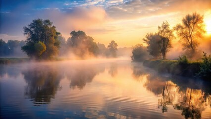 Obraz premium A misty fog gently descends over the calm river at dawn, its soft tendrils caressing the water's surface as morning light slowly seeps through the veil , river, peaceful