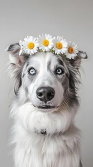 A dog wearing a flower crown.