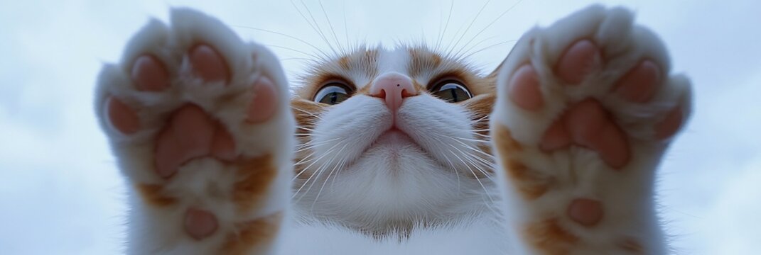 Cute ginger kitten paws reaching up, close-up view.