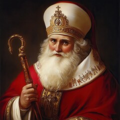 A formal solemn portrait depicting an elderly man dressed in traditional red and gold robes and headwear representing the figure of St  Nicholas on the occasion of St  Nicholas Day