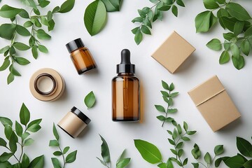 Sustainable Packaging Flat Lay. Natural Skincare and Aromatic Wellness, Featuring Organic Ingredients & Amber Glass
