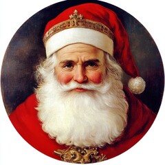 Closeup portrait of a cheerful grandfatherly Santa Claus figure dressed in his iconic red suit with a white beard and hat exuding a sense of holiday cheer and festive spirit