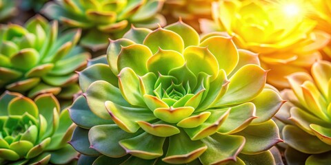 Succulent plant with vibrant green leaves and bright yellow petals blooming in sunlight, sunlight